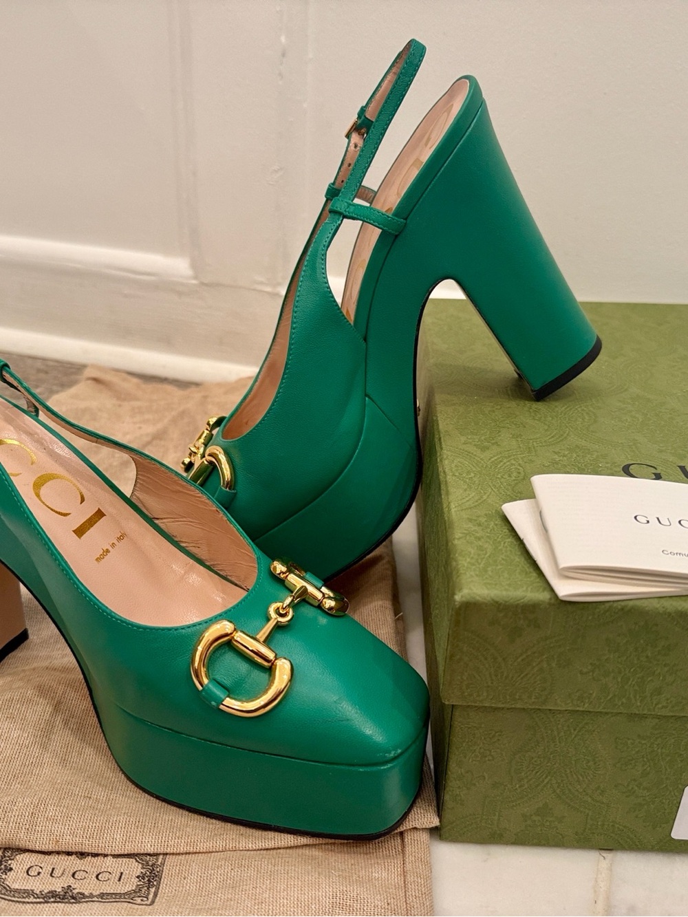 Gucci Emerald Green Leather Horsebit Slingback Heels
